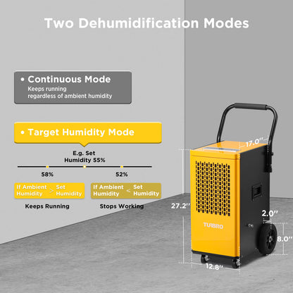 TURBRO 165 Pint Commercial Dehumidifier with Pump and Drain Hose, for Large Spaces up to 7,500 Sq. Ft., Rolling Wheels, Faster Defrost, for Basements, Warehouses, Flood Restoration, Industrial Sites