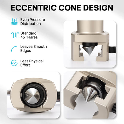 ECCENTRIC CONE DESIGN

Even Pressure Distribution
Standard 45° Flares
Leaves Smooth Edges
Less Physical Effort
