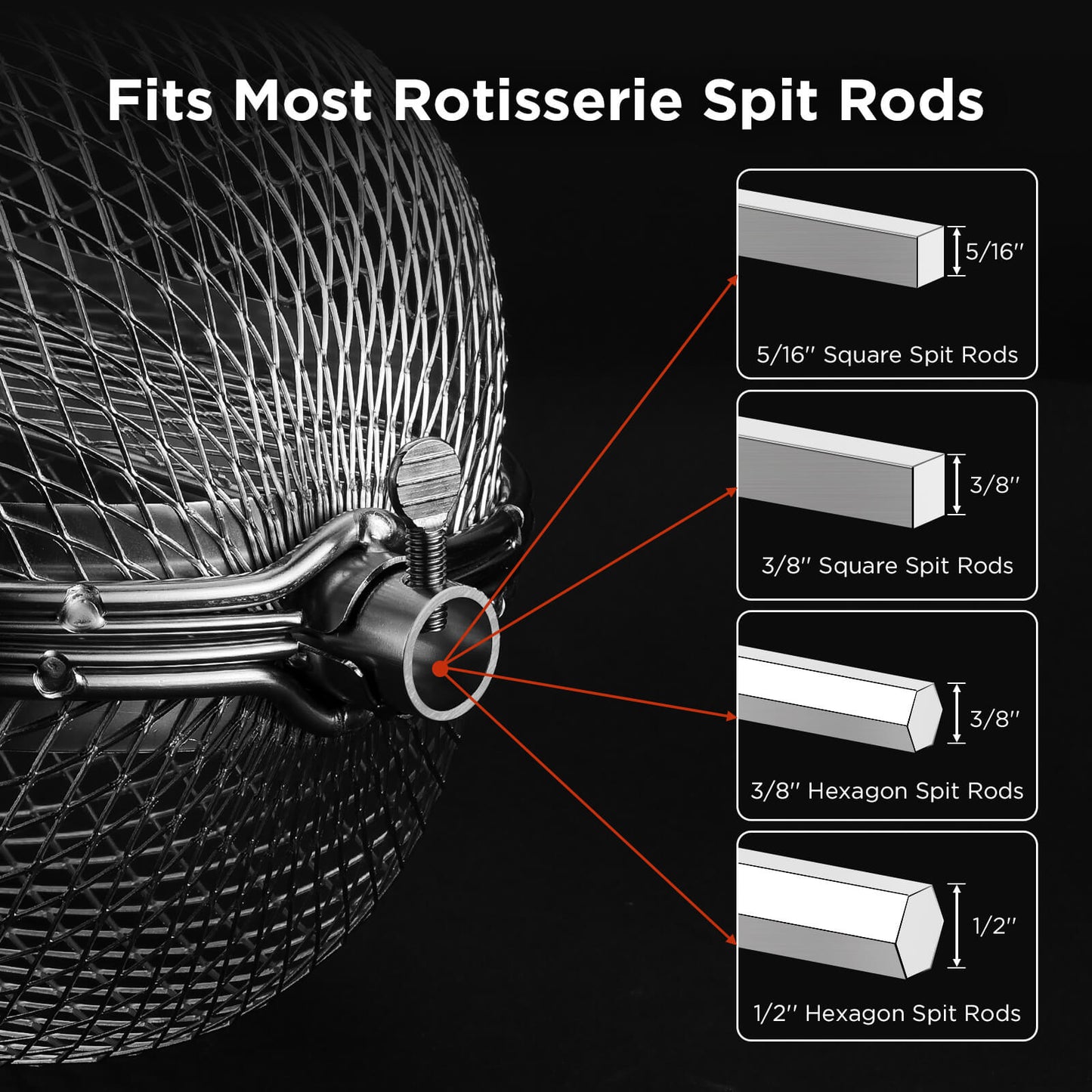 TURBRO Rotisserie Basket, 304 Stainless Steel, Universal Grill Accessory, Compatible with 1/2” or 3/8" Hexagon, 3/8" or 5/16" Square Spit Rods, Fits Most Grills, Ideal for Outdoor BBQ and Gatherings