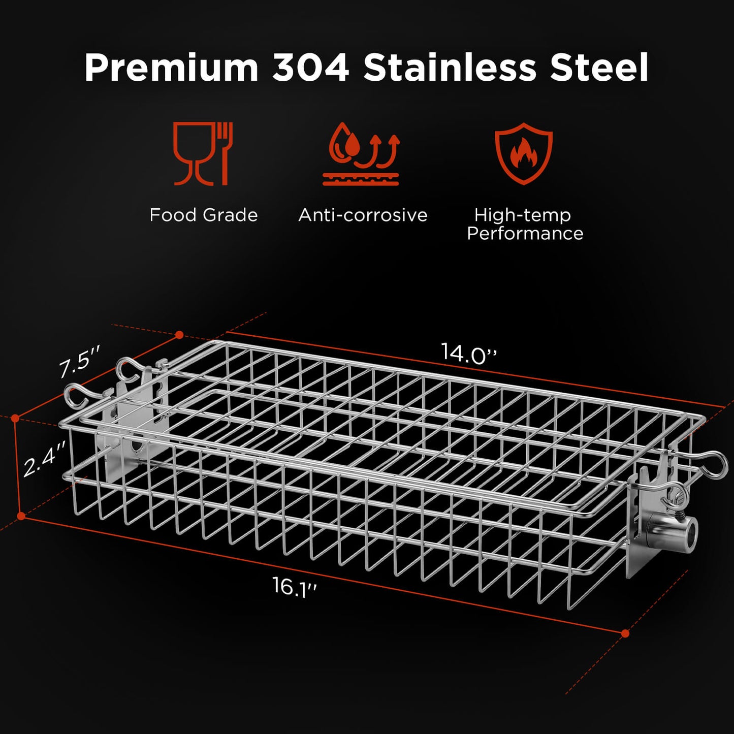 TURBRO Flat Rotisserie Basket, 304 Stainless Steel, Universal Grill Accessory, Compatible with 1/2” or 3/8" Hexagon, 3/8" or 5/16" Square Spit Rods, Fits Most Grills, Ideal for Outdoor BBQ