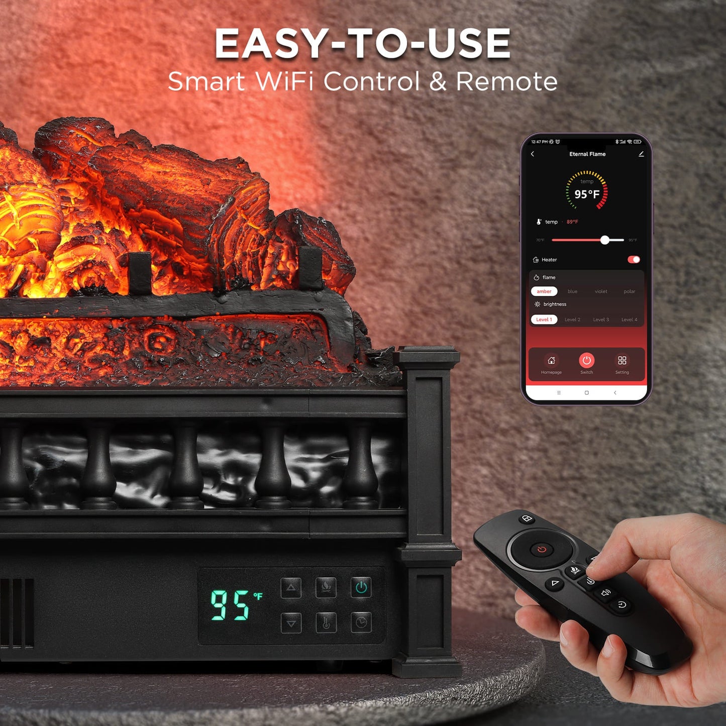 TURBRO Eternal Flame 26 in. WiFi Infrared Quartz Electric Fireplace Log Heater with Sound Crackling, Realistic Pinewood Logs, Adjustable Flame Colors, Remote Control, Thermostat, Timer, 1500W Black