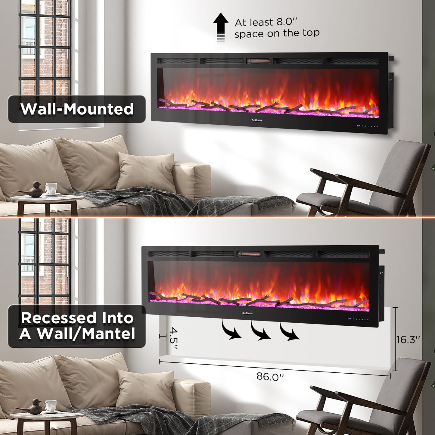 In Flames INF88W-3D WiFi Smart Wall Mounted Electric Fireplace - Tempered Glass