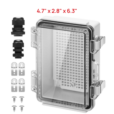 TURBRO Outdoor Electrical Waterproof Junction Box with Latches, ABS Plastic Enclosure Box with Mounting Plate and 304 Stainless Steel Wall Brackets, Hinged Transparent Cover, 4.7” x 2.8” x 6.3”
