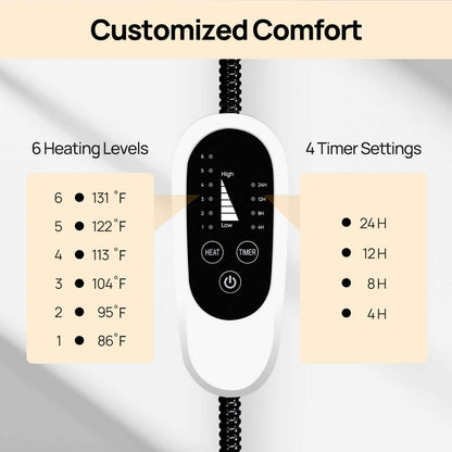 Customized Comfort
6 Heating Levels
6 131℉
5 122℉
4 113℉
3 104℉
2 95℉
1 86℉

4 Timer Settings
24H
12H
8H
