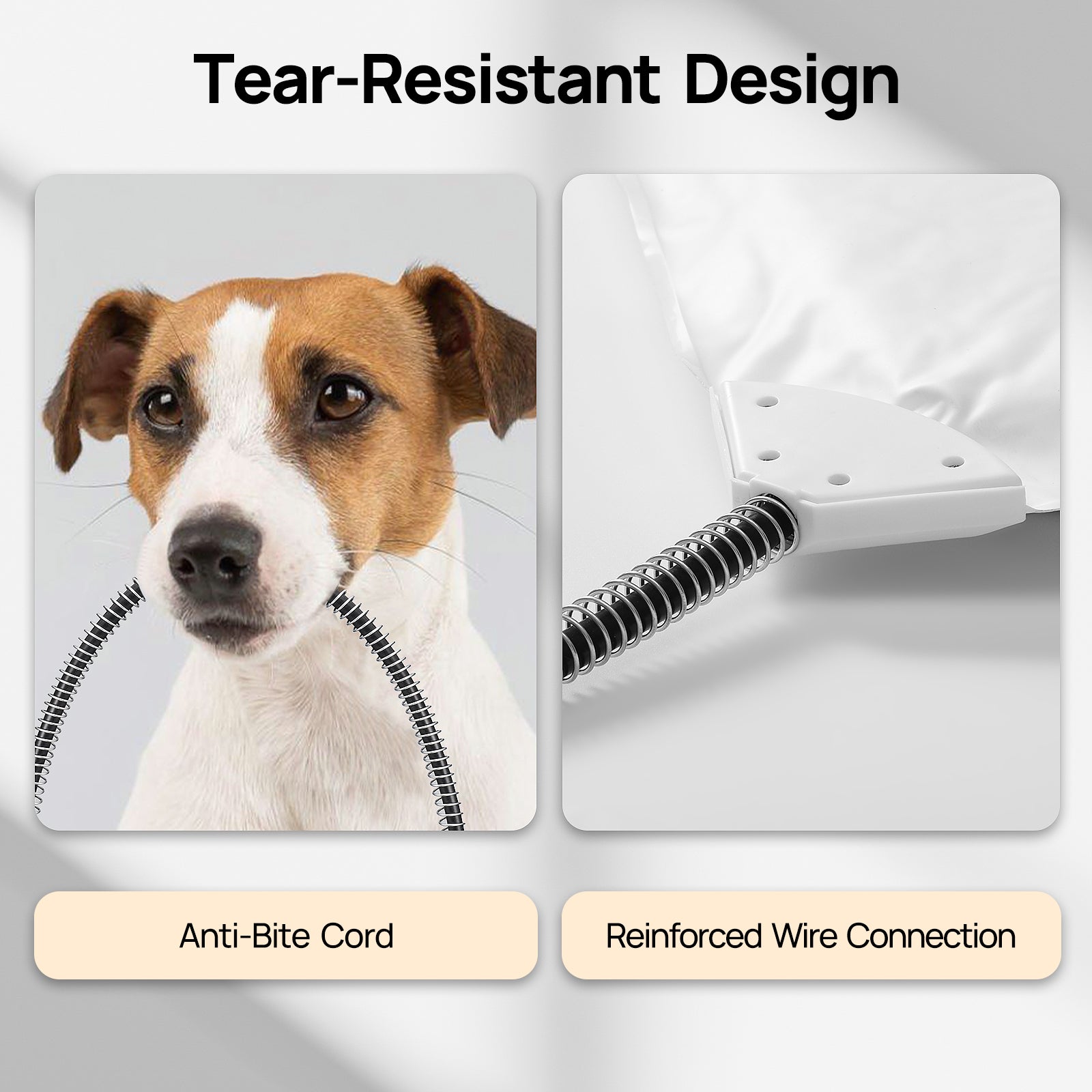 Image showcasing tear-resistant design with anti-bite cord and reinforced wire connection features.