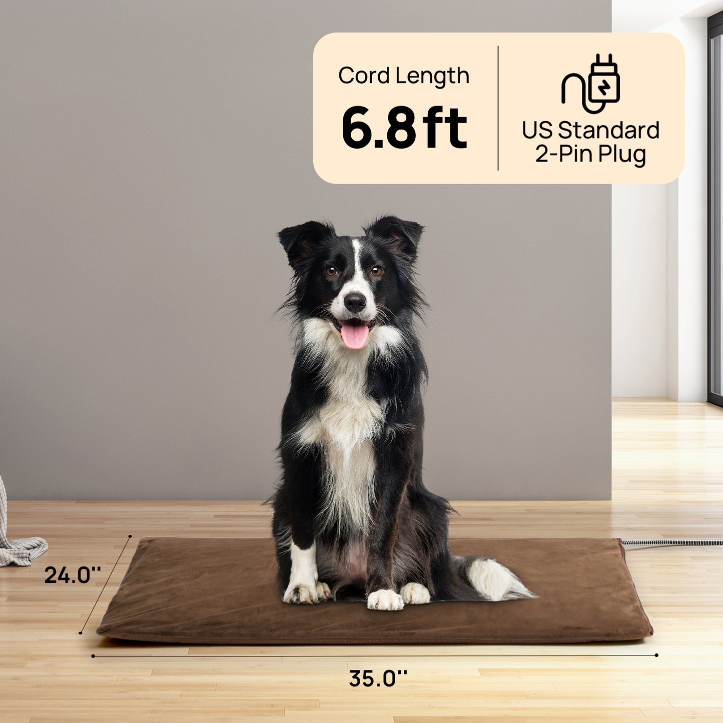 Image displaying a pet mat with dimensions 35" x 24" and a cord length of 6.8ft with a US 2-pin plug.