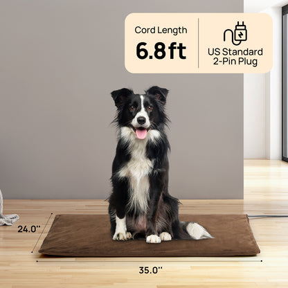 Image displaying a pet mat with dimensions 35" x 24" and a cord length of 6.8ft with a US 2-pin plug.