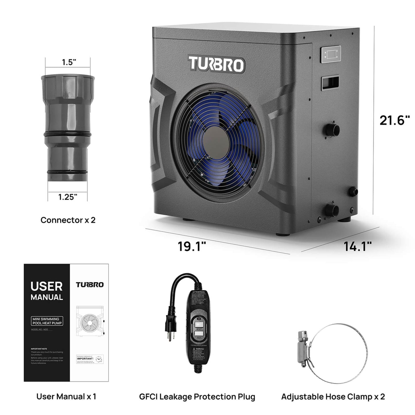 TURBRO 20,000 BTU Swimming Pool Heat Pump, Electric Pool Heater for Above Ground Pools Up to 5,300 Gallons, Titanium Heat Exchanger, 5.58 COP, IPX4-Waterproof, 110-120V, Manatee Series