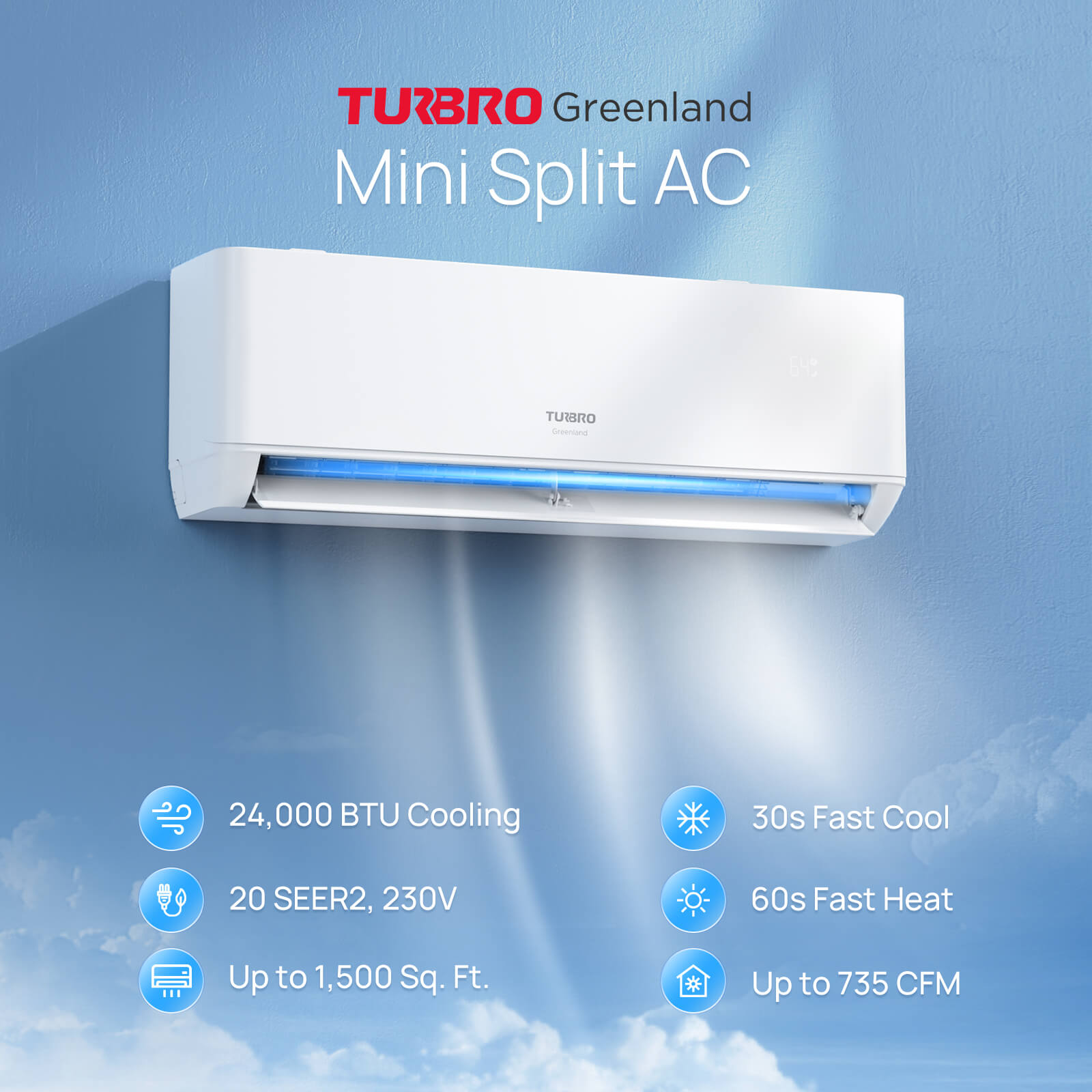 TURBRO 24000 BTU Ductless Mini Split AC with Heat Pump, WiFi-Enabled, Energy Efficient, Cools up to 1000 Sq.Ft., 230V, 22 SEER2, Greenland Series