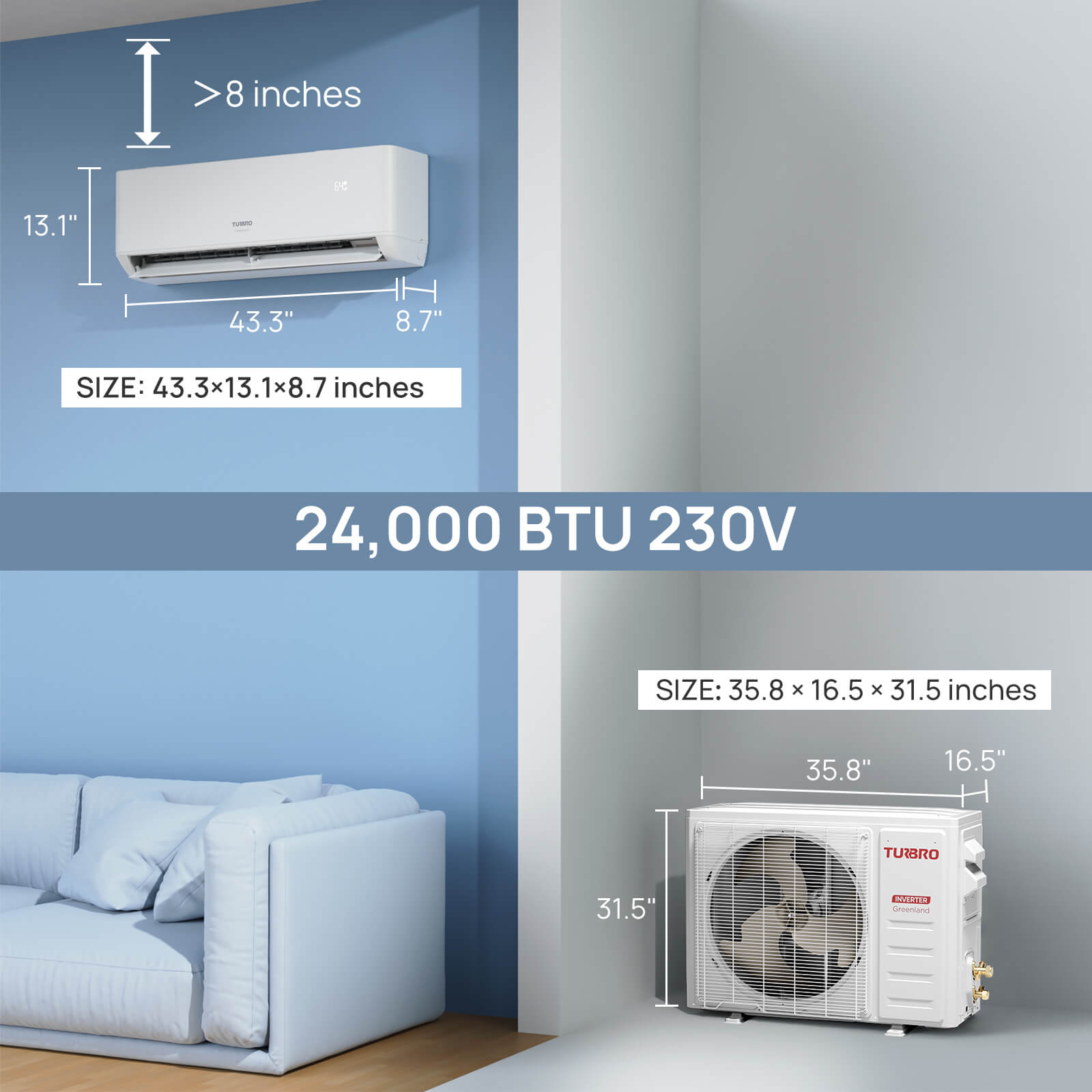 TURBRO 24000 BTU Ductless Mini Split AC with Heat Pump, WiFi-Enabled, Energy Efficient, Cools up to 1000 Sq.Ft., 230V, 22 SEER2, Greenland Series