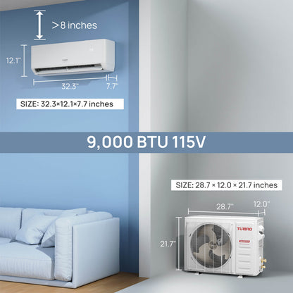 TURBRO 9000 BTU WiFi Enabled, 23 SEER2 Ductless Mini Split AC, Inverter System with Heat Pump, Energy Efficient and Quiet, Cools Up to 550 Sq.Ft., Greenland Series