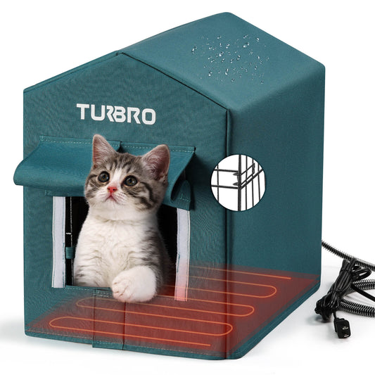 TURBRO Elevated Heated Cat House, Insulated, Weatherproof Shelter for Feral and Outdoor Cats, Self-Adhesive Door Flaps, Heating Pad Bed with 14.7ft Anti-Bite Cord, UL Test Passed