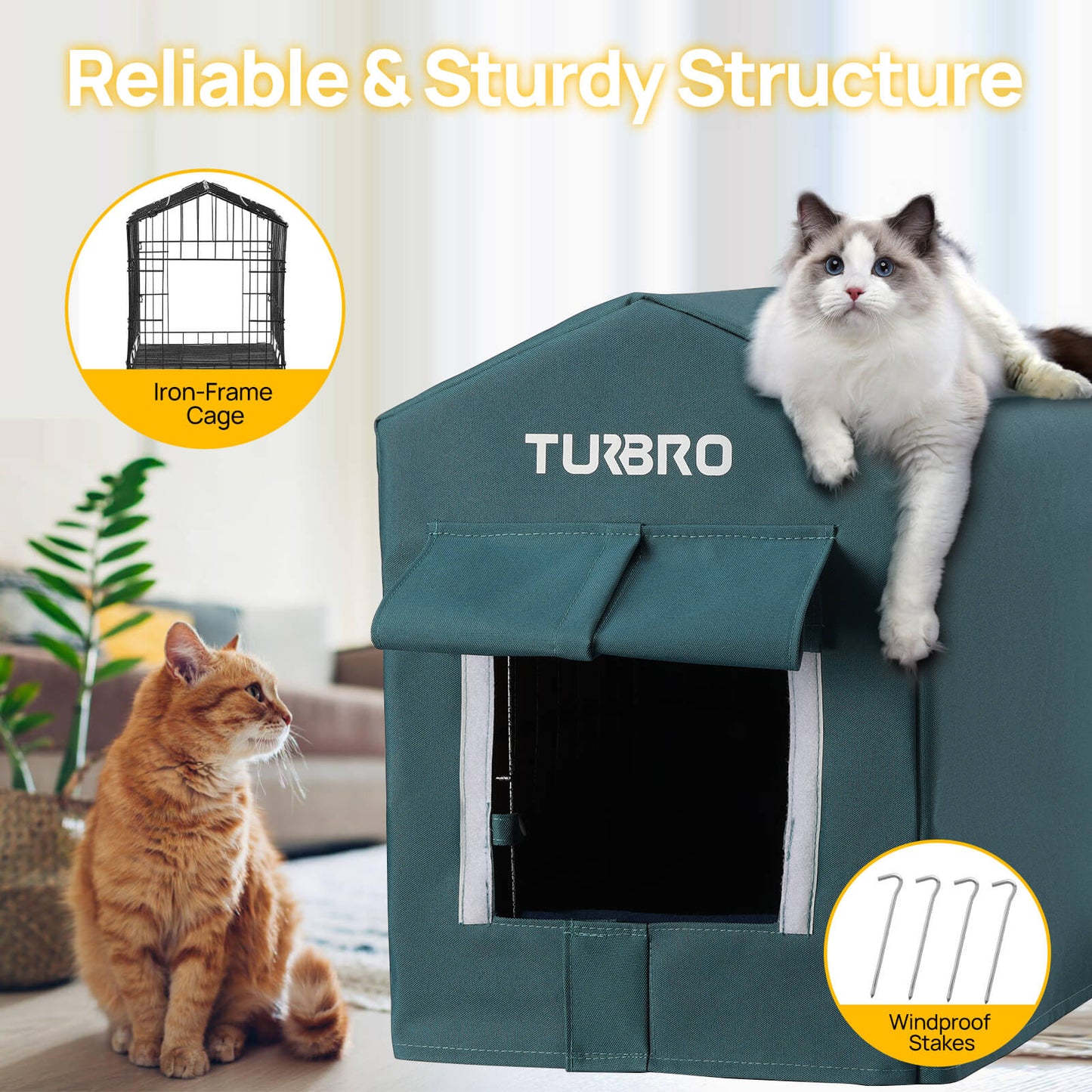 TURBRO Elevated Heated Cat House, Insulated, Weatherproof Shelter for Feral and Outdoor Cats, Self-Adhesive Door Flaps, Heating Pad Bed with 14.7ft Anti-Bite Cord, UL Test Passed