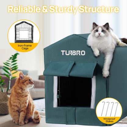 TURBRO Elevated Heated Cat House, Insulated, Weatherproof Shelter for Feral and Outdoor Cats, Self-Adhesive Door Flaps, Heating Pad Bed with 14.7ft Anti-Bite Cord, UL Test Passed