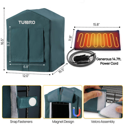 TURBRO Elevated Heated Cat House, Insulated, Weatherproof Shelter for Feral and Outdoor Cats, Self-Adhesive Door Flaps, Heating Pad Bed with 14.7ft Anti-Bite Cord, UL Test Passed