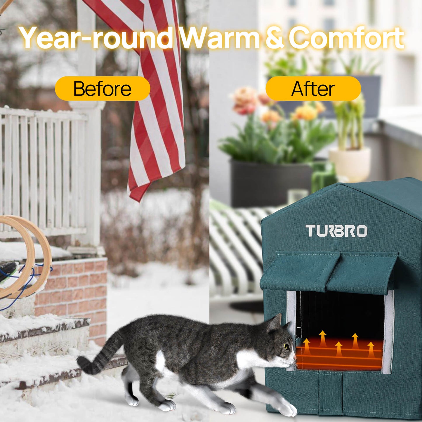 TURBRO Elevated Heated Cat House, Insulated, Weatherproof Shelter for Feral and Outdoor Cats, Self-Adhesive Door Flaps, Heating Pad Bed with 14.7ft Anti-Bite Cord, UL Test Passed