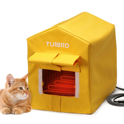 TURBRO Elevated Heated Cat House, Insulated, Weatherproof Shelter for Feral and Outdoor Cats, Self-Adhesive Door Flaps, Heating Pad Bed with 14.7ft Anti-Bite Cord, UL Test Passed