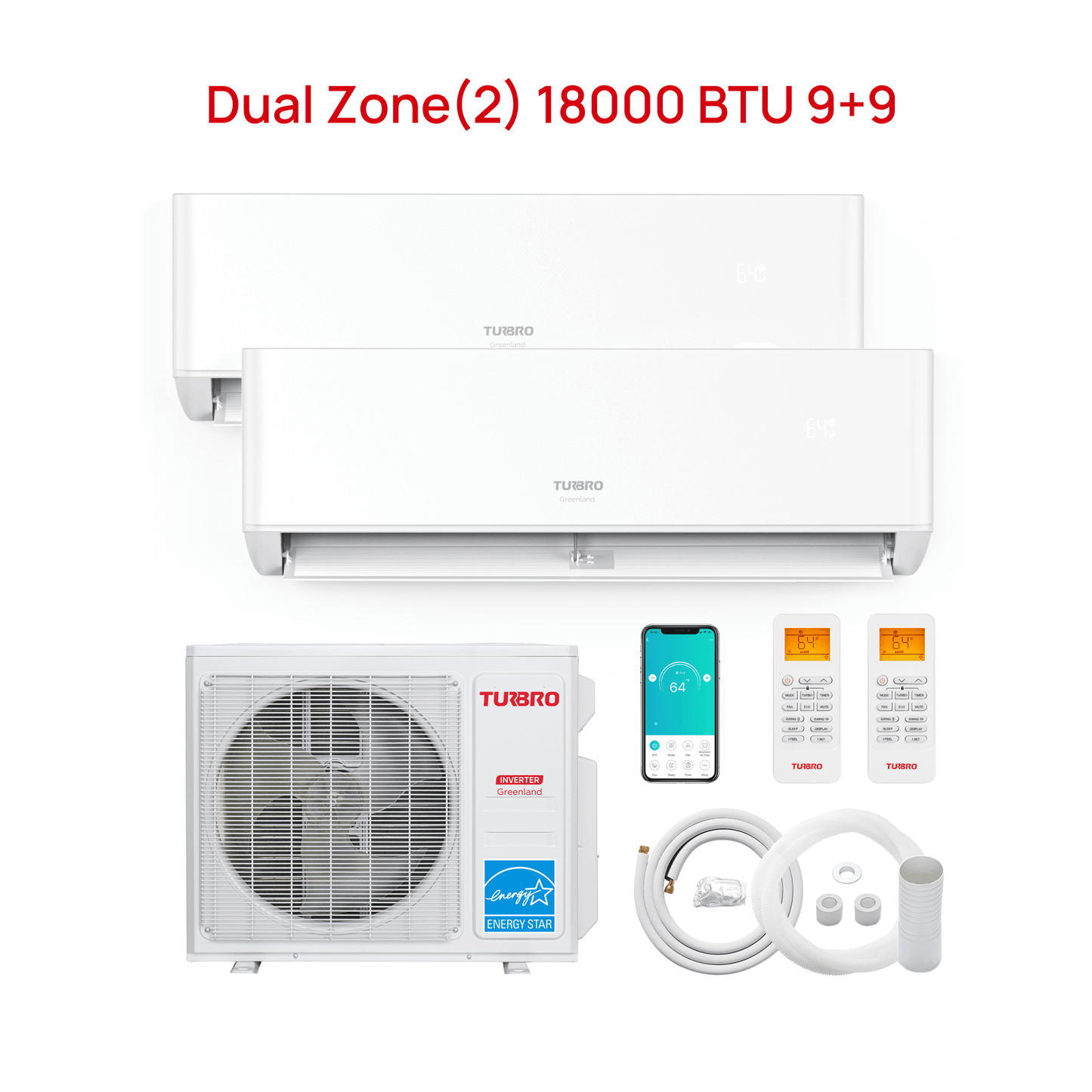 Greenland 18,000 BTU Dual Zone(2) Mini Split Air Conditioner with Heat Pump