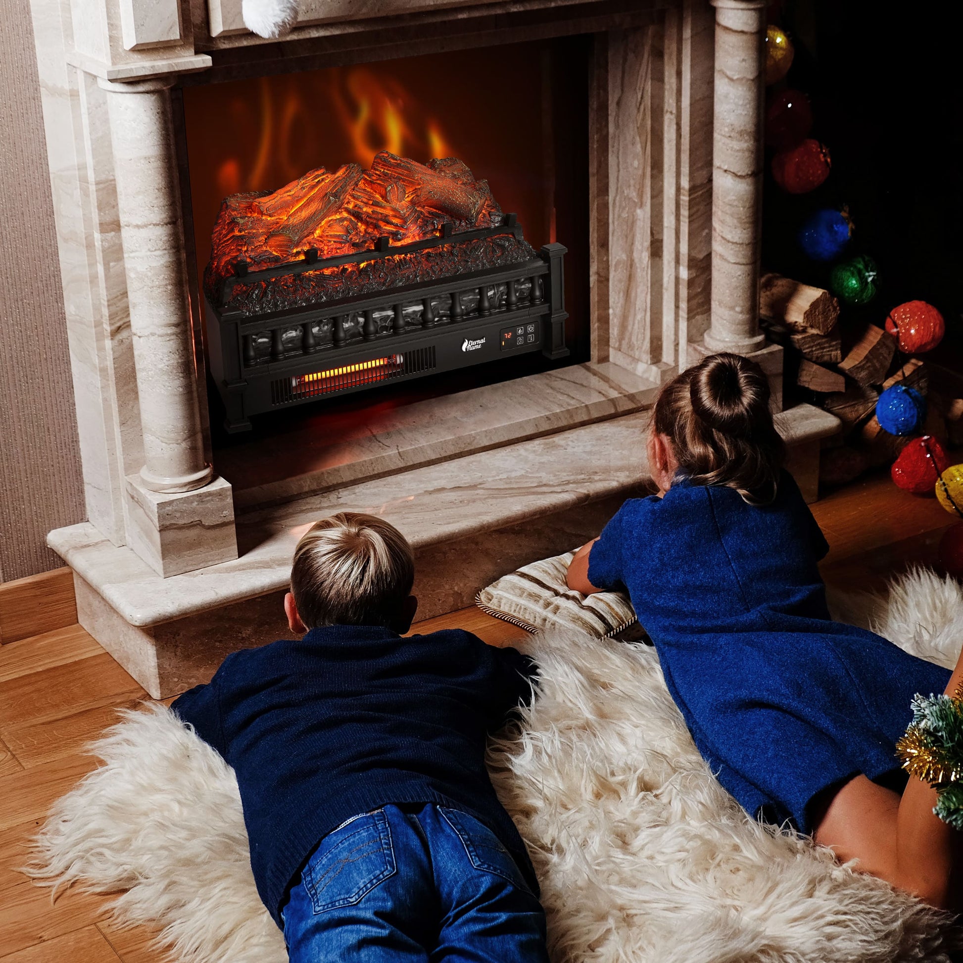 TURBRO Eternal Flame Infrared Electric Fireplace Logs, 23" Infrared Quartz, Remote Control Fireplace Insert Log Heater, Realistic Pinewood Ember Bed, Thermostat, Timer, 1500W