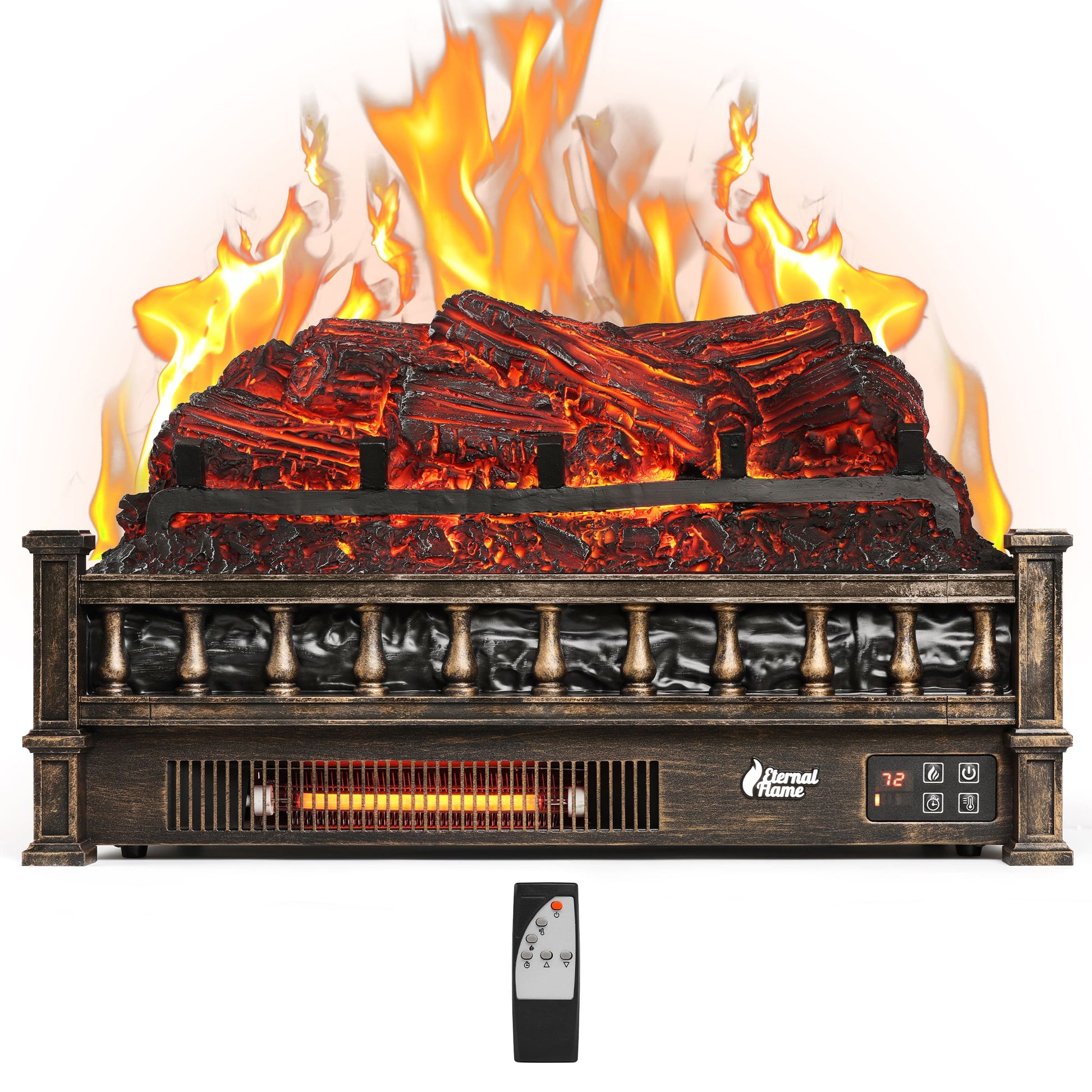 TURBRO Eternal Flame EF23-PB Electric Fireplace Logs, 23" Remote Control Fireplace Insert Log Heater, Realistic Pinewood Ember Bed, Thermostat, Timer, 1400W Bronze