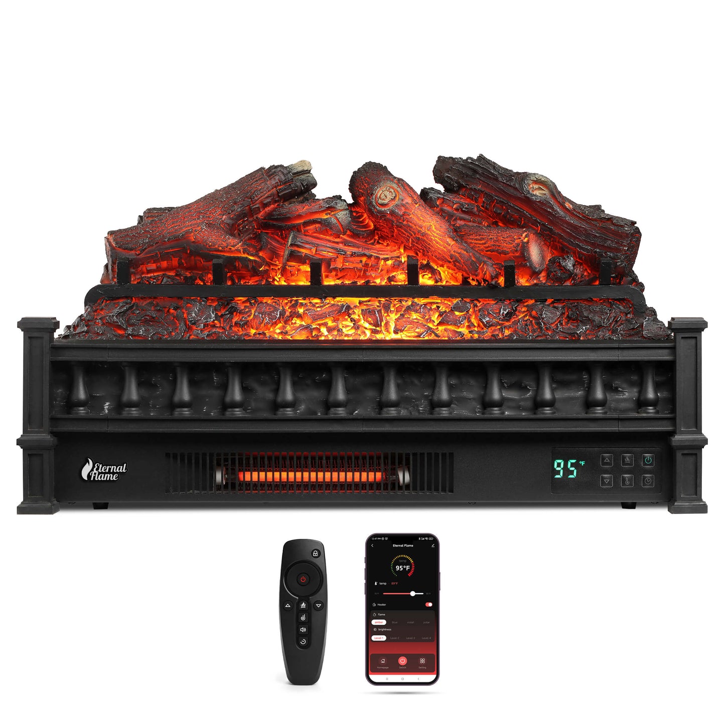 TURBRO Eternal Flame 26 in. WiFi Infrared Quartz Electric Fireplace Log Heater with Sound Crackling, Realistic Lemonwood Logs, Adjustable Flame Colors, Remote Control, Thermostat, Timer, EF26-LG 1500W