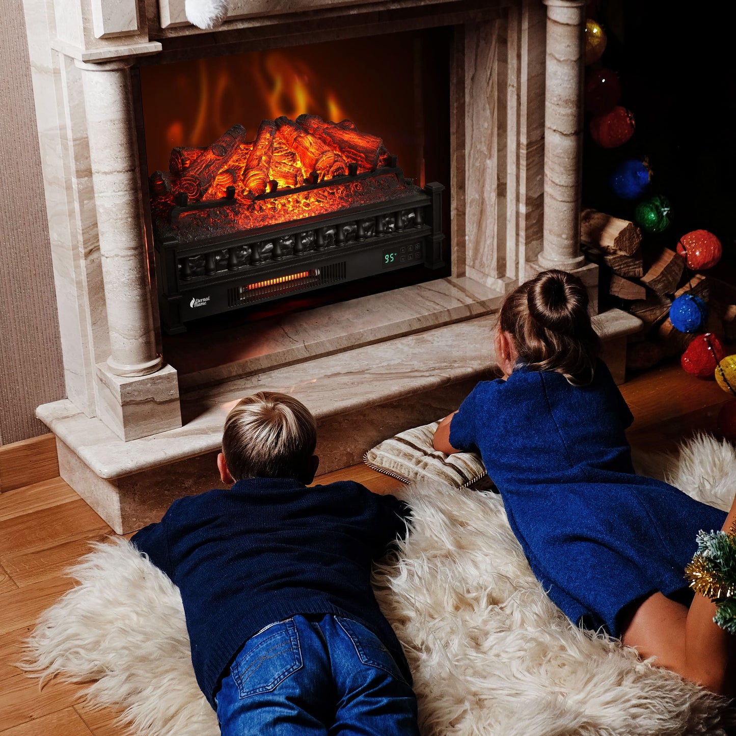 TURBRO Eternal Flame 26 in. WiFi Infrared Quartz Electric Fireplace Log Heater with Sound Crackling, Realistic Pinewood Logs, Adjustable Flame Colors, Remote Control, Thermostat, Timer, 1500W Black