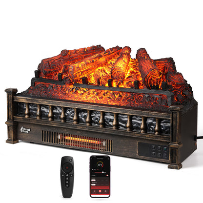 TURBRO Eternal Flame 26 in. WiFi Infrared Quartz Electric Fireplace Log Heater with Sound Crackling, Realistic Pinewood Logs, Adjustable Flame Colors, Remote Control, Thermostat, Timer, 1500W Bronze