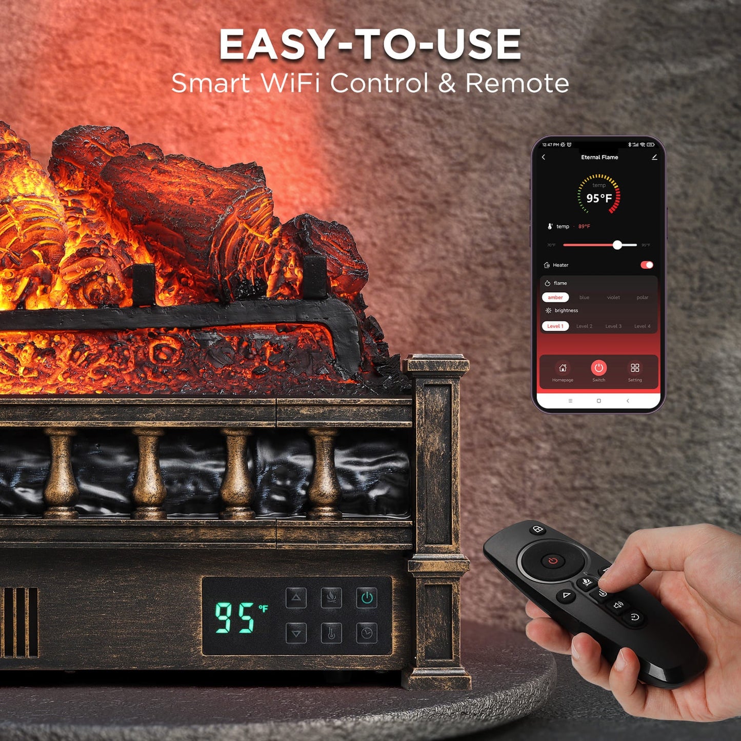 TURBRO Eternal Flame 26 in. WiFi Infrared Quartz Electric Fireplace Log Heater with Sound Crackling, Realistic Pinewood Logs, Adjustable Flame Colors, Remote Control, Thermostat, Timer, 1500W Bronze