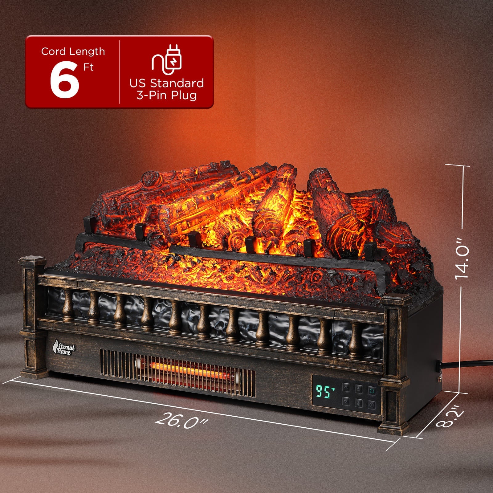 TURBRO Eternal Flame 26 in. WiFi Infrared Quartz Electric Fireplace Log Heater with Sound Crackling, Realistic Pinewood Logs, Adjustable Flame Colors, Remote Control, Thermostat, Timer, 1500W Bronze