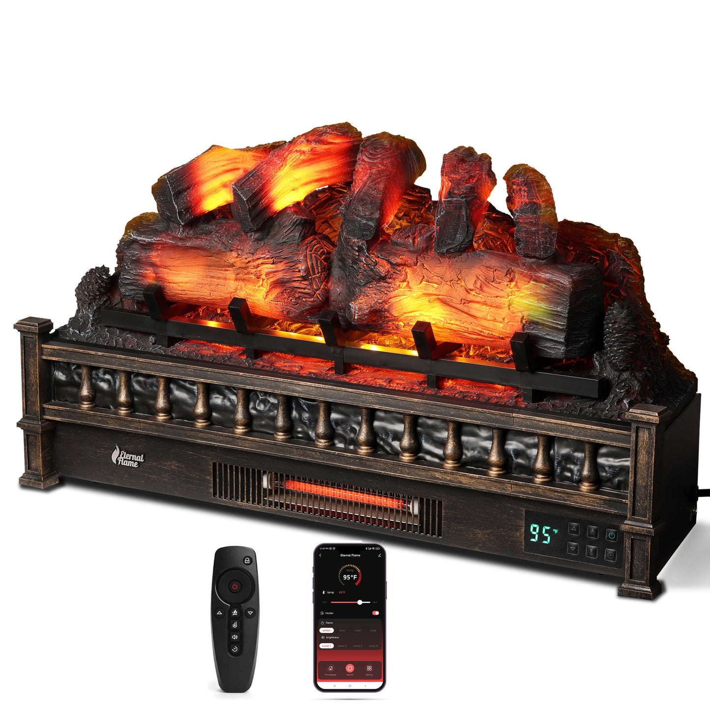 TURBRO Eternal Flame 30 in. WiFi Infrared Quartz Electric Fireplace Log Heater with Sound Crackling, Realistic Pinewood Logs, Adjustable Flame Colors, Remote Control, Thermostat, Timer, 1500W, Bronze