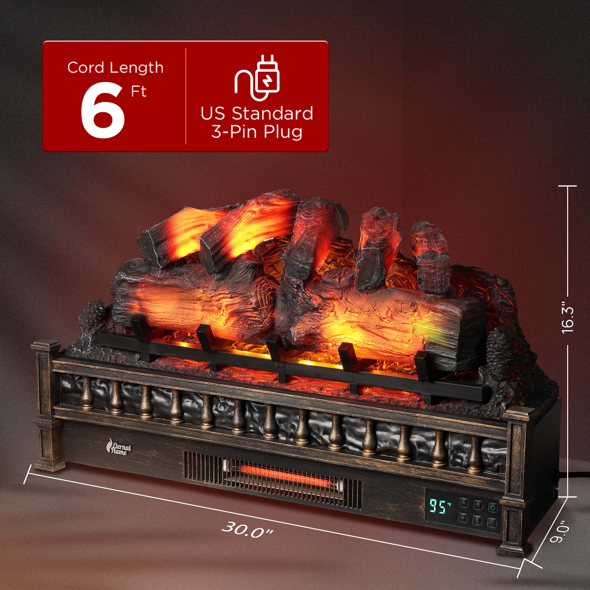 TURBRO Eternal Flame 30 in. WiFi Infrared Quartz Electric Fireplace Log Heater with Sound Crackling, Realistic Pinewood Logs, Adjustable Flame Colors, Remote Control, Thermostat, Timer, 1500W, Bronze