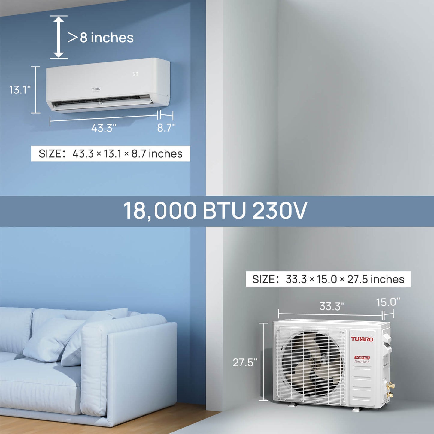 TURBRO 12000 BTU WiFi Enabled, 23 SEER2 Ductless Mini Split AC, Inverter System with Heat Pump, Energy Efficient and Quiet, Cools Up to 550 Sq.Ft., Greenland Series