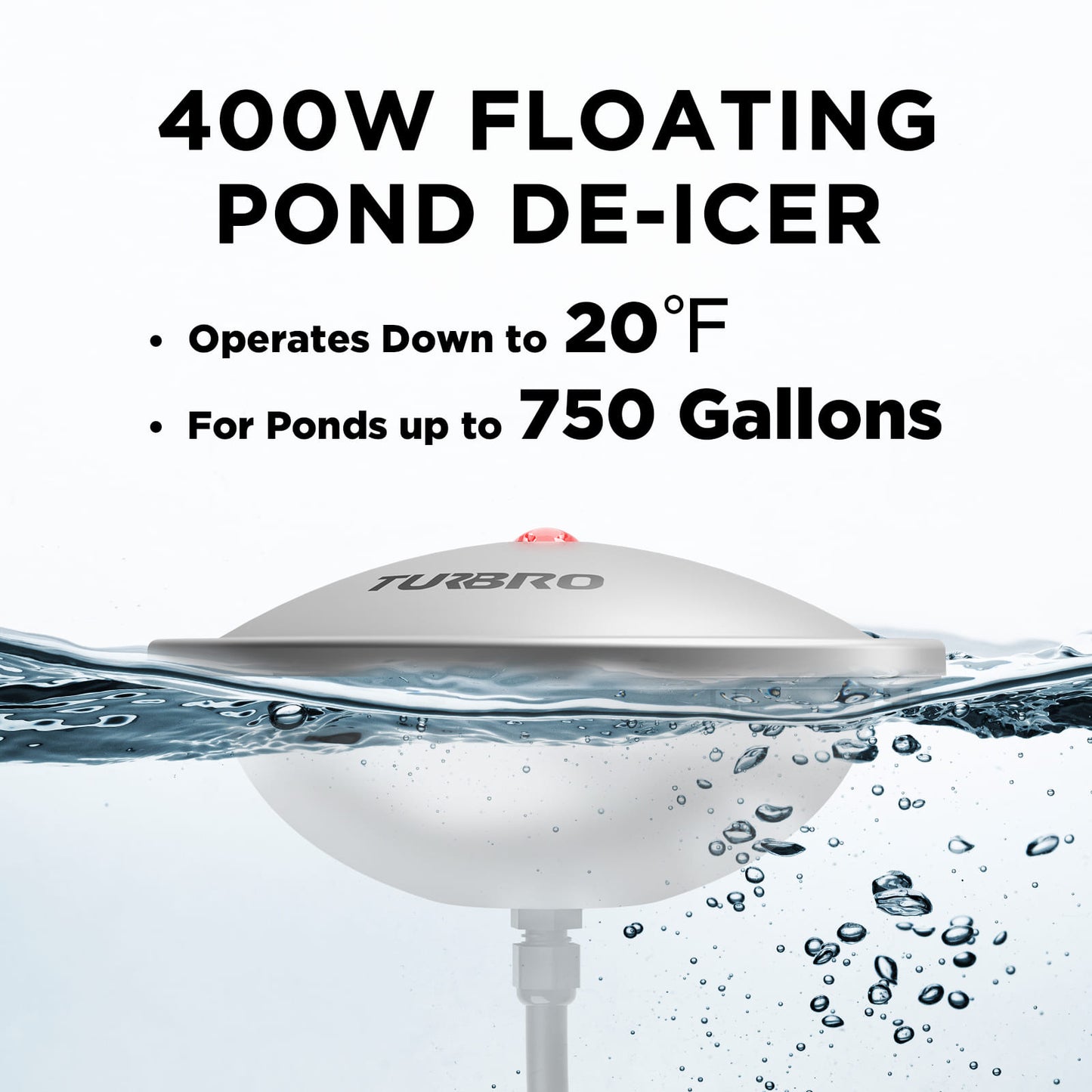 TURBRO Neighborhood PD400A Pond Deicer, Stainless Steel Pond Deicer 400 Watts, Floating De-ice with 32.8 ft. Cord, Winter Heated Deicer for Ponds up to 750 Gallons, Silver 