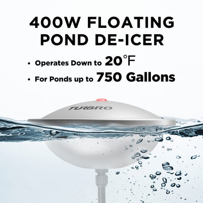 TURBRO Neighborhood PD400A Pond Deicer, Stainless Steel Pond Deicer 400 Watts, Floating De-ice with 32.8 ft. Cord, Winter Heated Deicer for Ponds up to 750 Gallons, Silver 