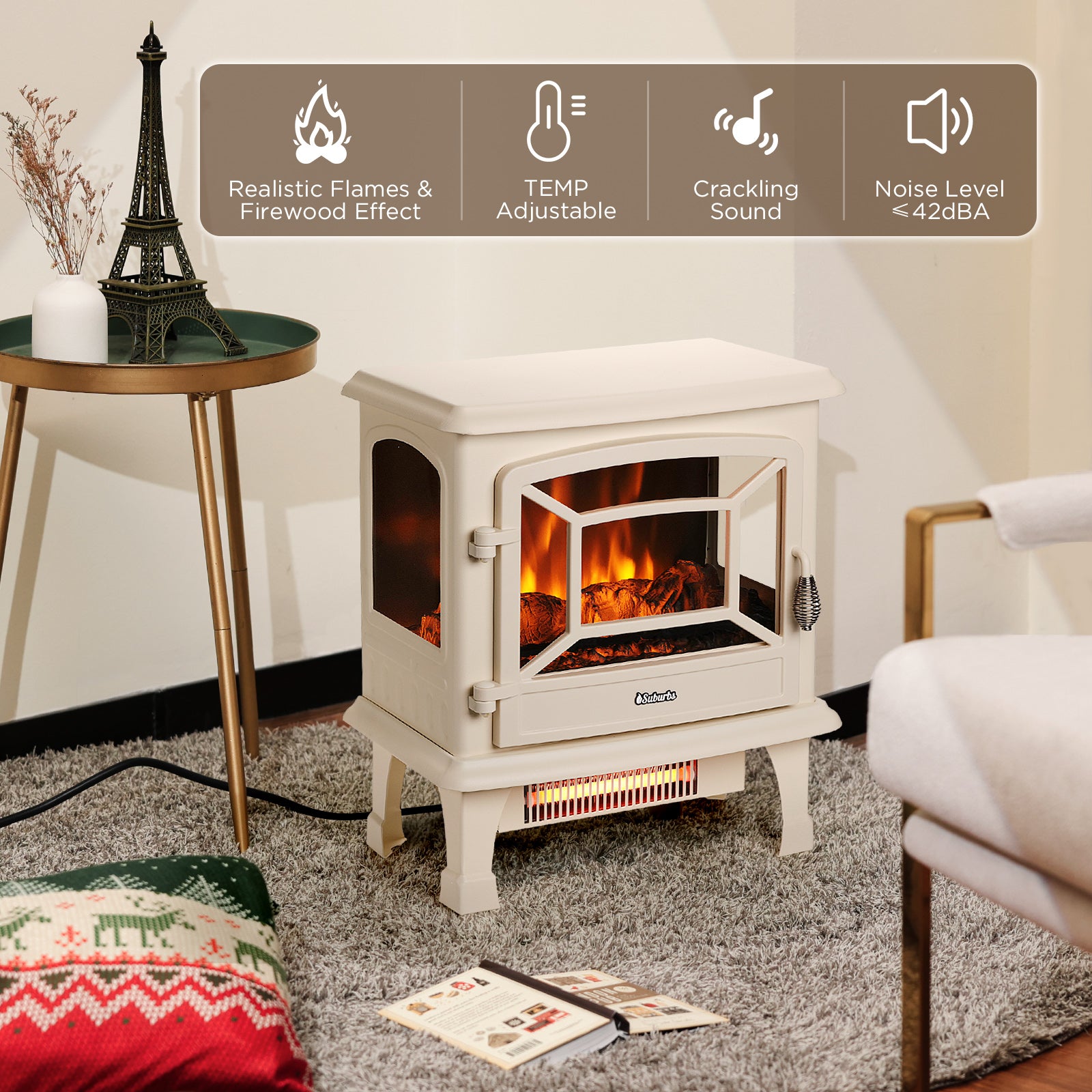 TURBRO Suburbs 20 in. Electric Fireplace Infrared Heater w/Crackling Sound, Freestanding Fireplace Stove w/Realistic Flame Effect, CSA Certified Overheating Protection, Easy to Assemble, 1400W Ivory