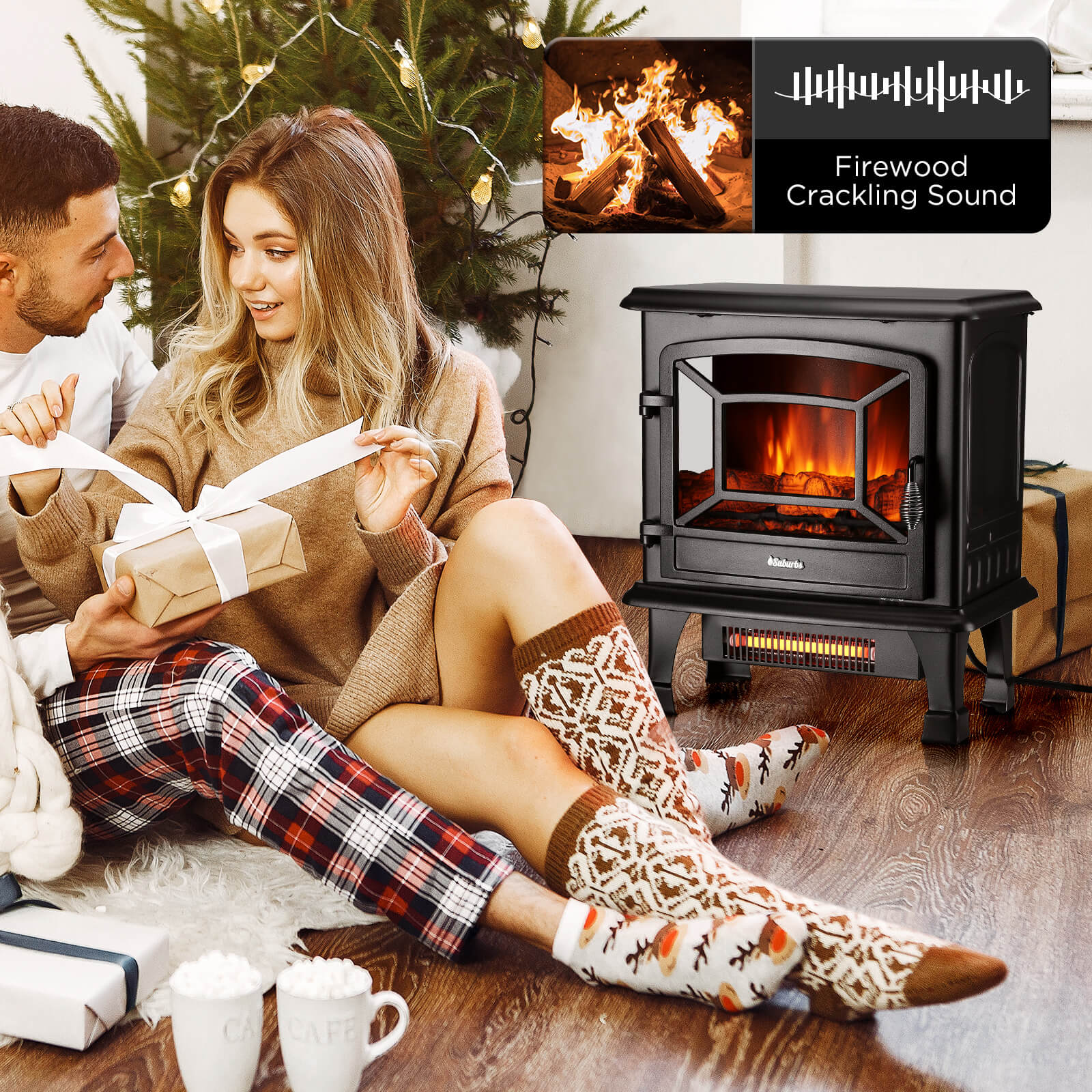 TURBRO Suburbs 20 in. Electric Fireplace Infrared Heater w/Crackling Sound, Freestanding Fireplace Stove w/Realistic Flame Effect, CSA Certified Overheating Protection, Easy to Assemble, 1400W Ivory