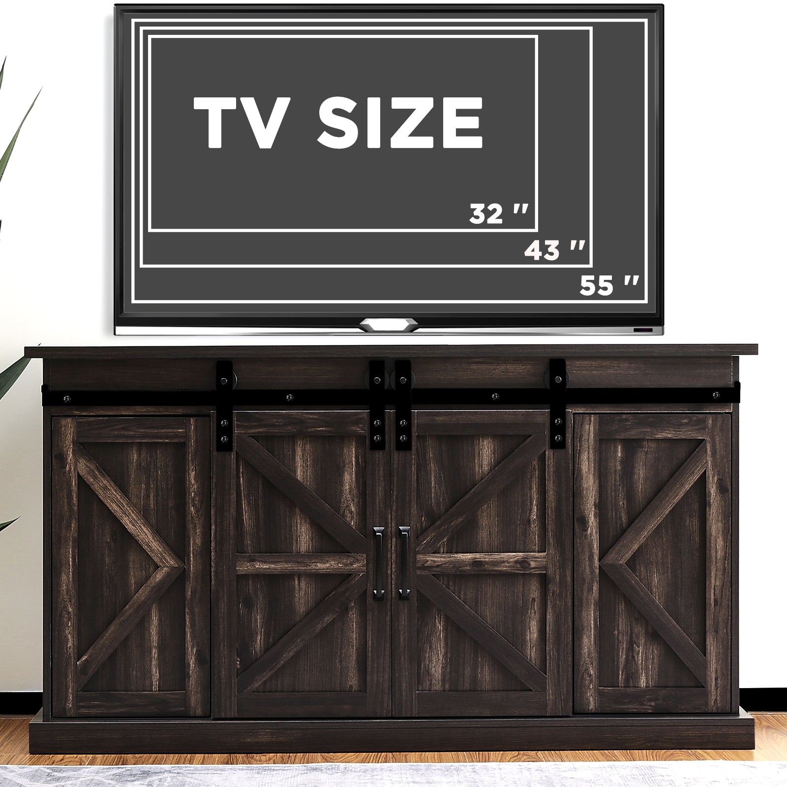 TURBRO Fireside Sliding Barn Door TV Stand, Supports TVs up to 65", Farmhouse Style Entertainment Center with Cable Management and Adjustable Shelves for Living Room, Espresso (TV Stand Only) 