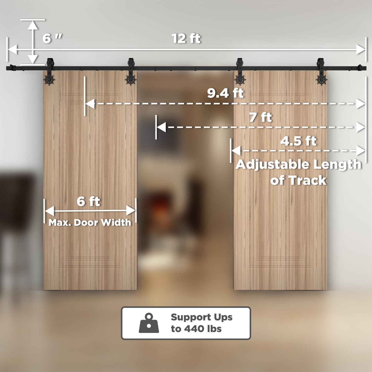 Double Door Wood Sliding Barn Door Hardware Kit - Carbon Steel