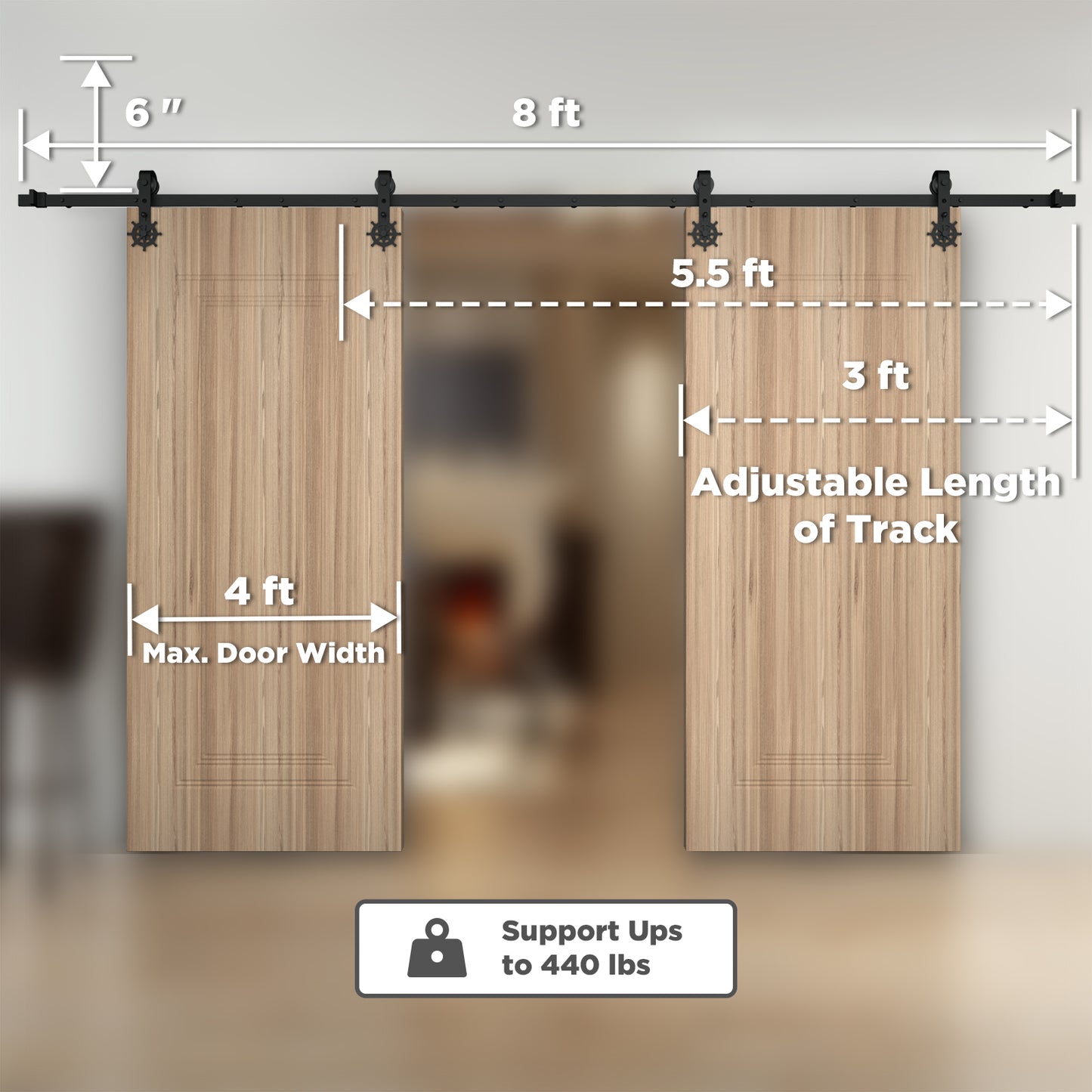 Double Door Wood Sliding Barn Door Hardware Kit - Carbon Steel