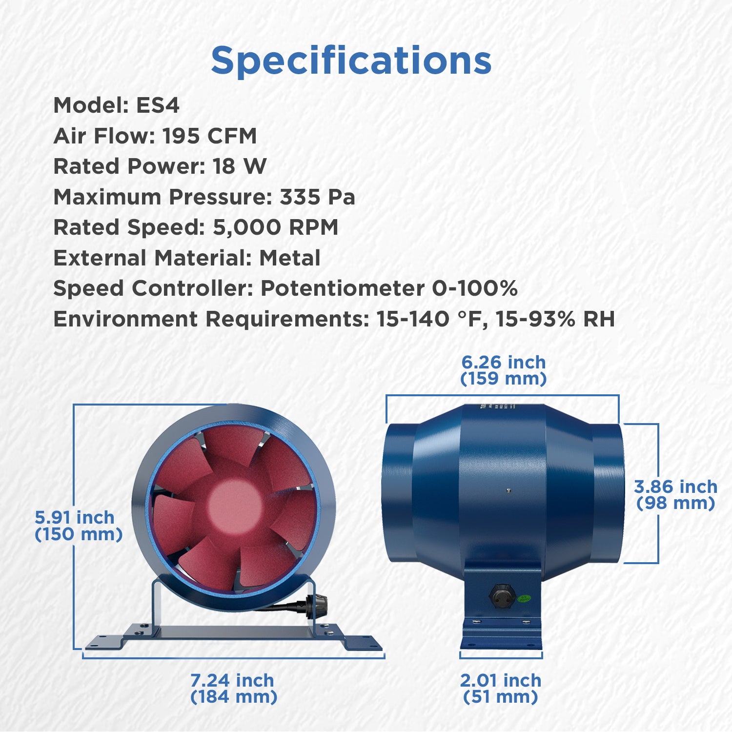 TURBRO AirSupply ES4, 4 Inch Inline Duct Fan with Solid Metal Case, 195 CFM Quiet Vent Fan with Variable Speed Controlled for Grow Tent and Ventilation