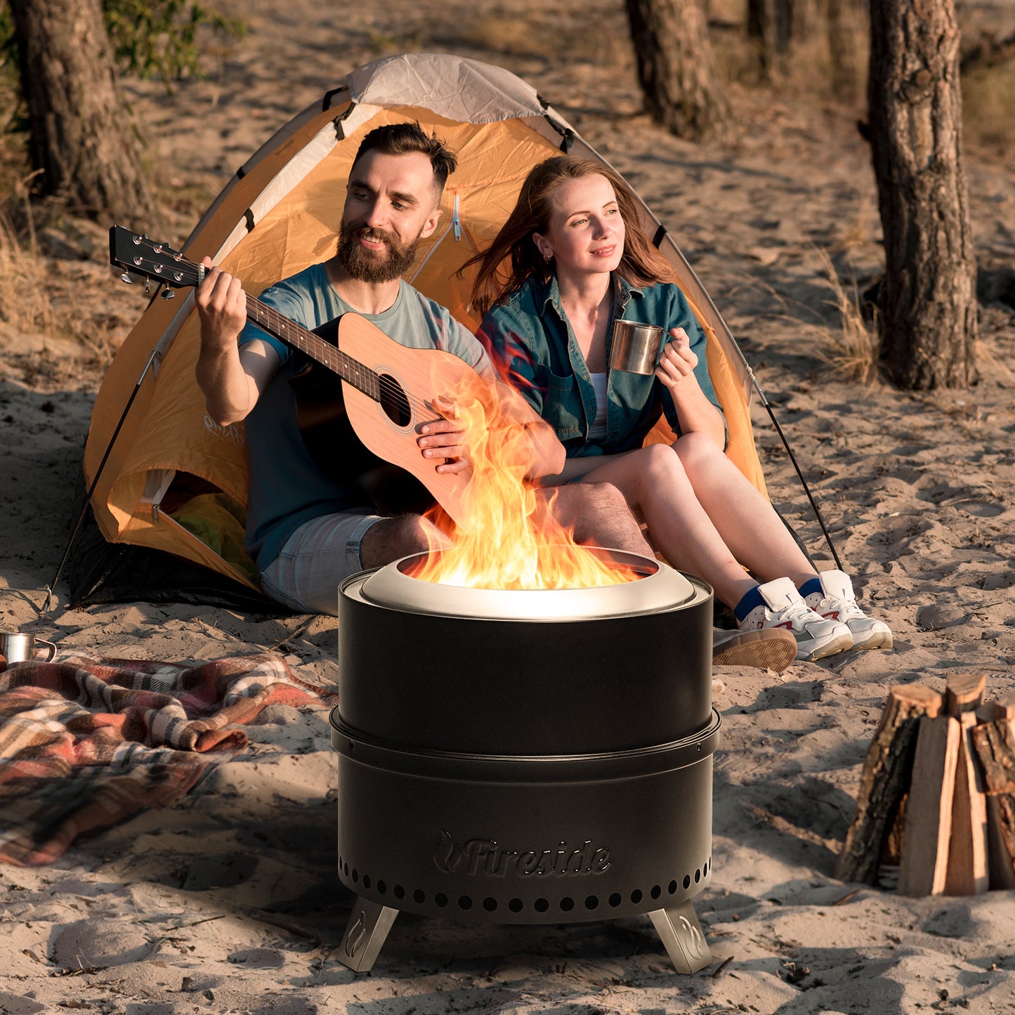 TURBRO Fireside 19 Inch Smokeless Fire Pit for Outdoor Wood Burning, Portable Stainless Steel Camping Stove with Stand, Removable Ash Pan, Waterproof Storage Bag, Nested Design, Pluto R19-PG, Black 